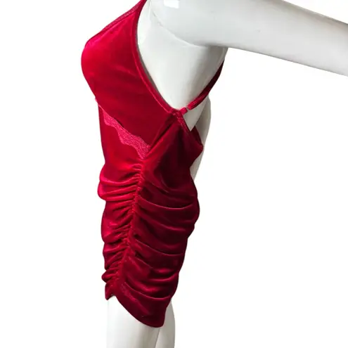 Cider Jessica Rabbit Red velvet Mini slip Dress with Lace Trim ruched side XL