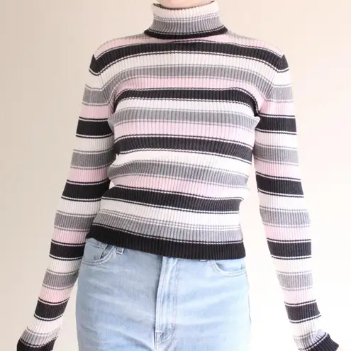 Q&A Grey, White, Pink & Black Striped Ribbed Turtleneck