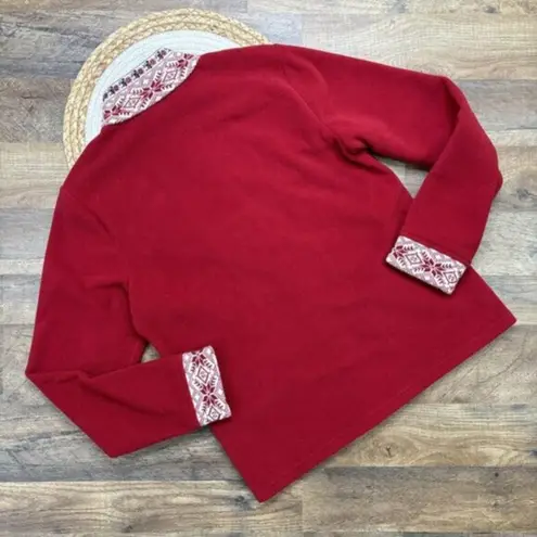 LL Bean Red Full Zip Fleece Jacket Womens Small Nordic Print Fair Isle Trim