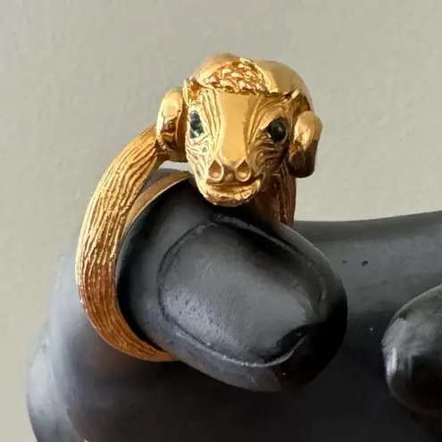 Trifari Vintage Crown 1969 Ram Ring "Something Wild" Collection Gold Tone 7"