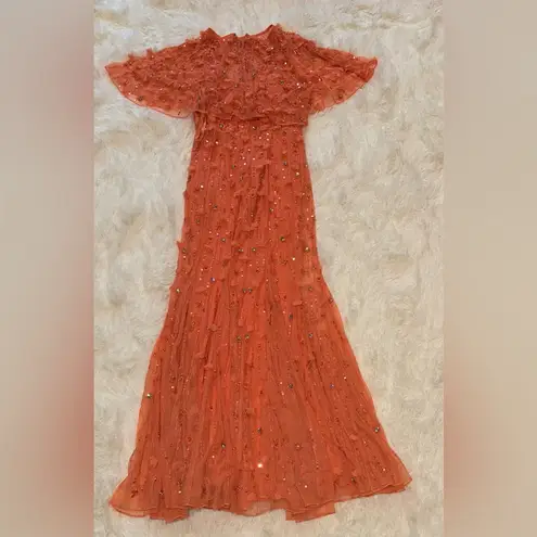 Mac Duggal NWOT Embellished Illusion Cape Sleeve Coral Trumpet Gown Sz 4