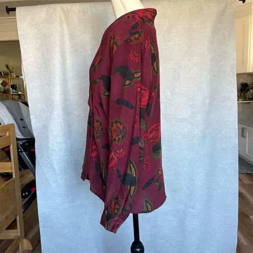 Nancy Crystal Women's Floral Silk Blouse Size 6 Burgundy V