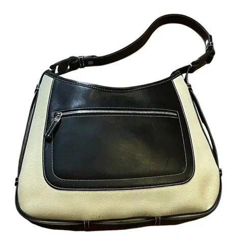 Salvatore Ferragamo Ivory Canvas Black Leather Shoulder Bag Vintage