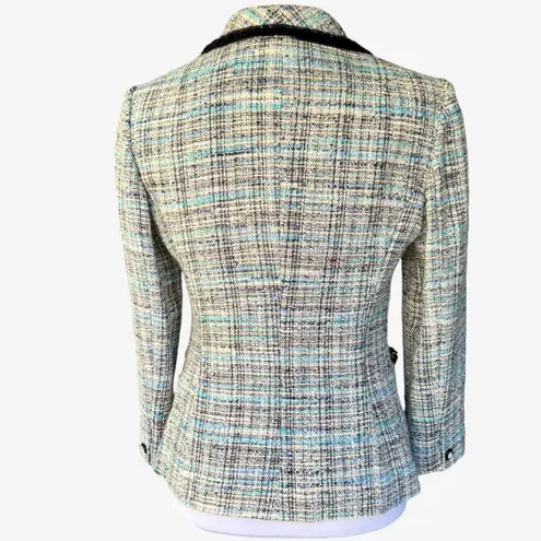 blue tweed woven size 2 Lady jacket navy trim cameo buttons