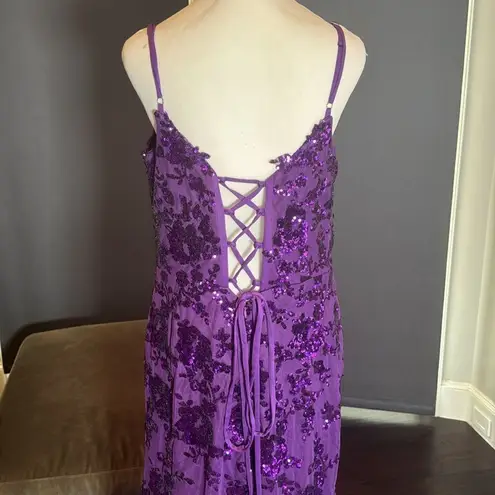 Women’s Purple Mermaid Fit Prom Formal Dress Sparkly Sequins Leg Slit Size 14