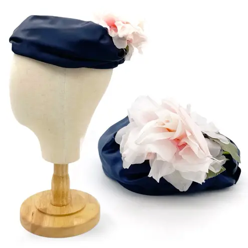 Vintage 1950s Navy Blue Hat Pink Flower Trim Size 22 1/2 Pillbox Fascinator