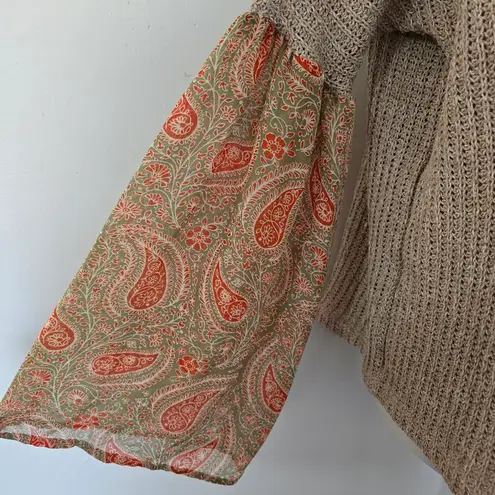 Rods Prim & Proper Beige Paisley Contrast Chiffon Sleeve Sweater Size Small Tan