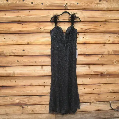 Mac Duggal 20889 Womens Black Sheer Applique Bustier Gown with Feather Straps