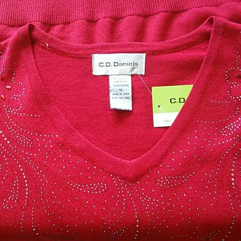 Cathy Daniels C. D. Daniels | Red Embellished Sweater 3/4 Sleeve Sparkle 1X