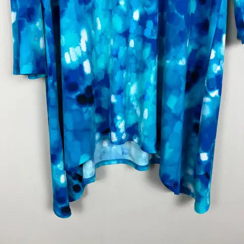 Clara Sun Woo Tunic Top Womens XL Blue Handkerchief Hem Cut Out Printed Artsy