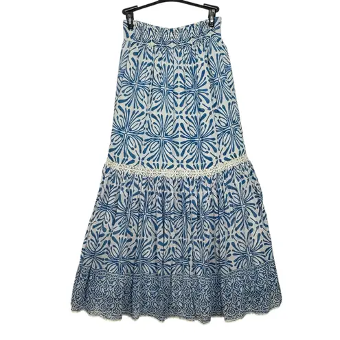 BELL by Alicia Bella Blue White Print Tiered Maxi Skirt XS