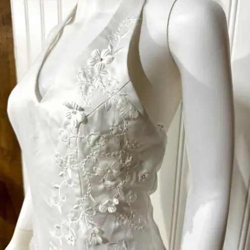 Cinderella Wedding Dress Women Size M Halter Neck Pleated Floral Open Back White