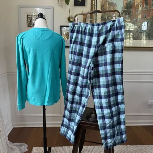 L.L. Bean Pajama Set Plaid Flannel Bottoms Henley Top Blue XL