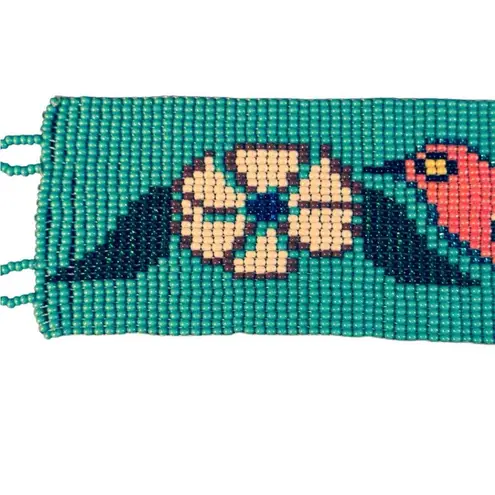 Handmade Vintage Y2K Turquoise Seed Bead Bracelet w/Bird & Flower Huichol Made in Mexico