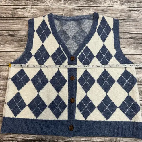Unbranded Womens Crop Argyle Sweater Vest Blue White V Neck 4 Button L LG Large