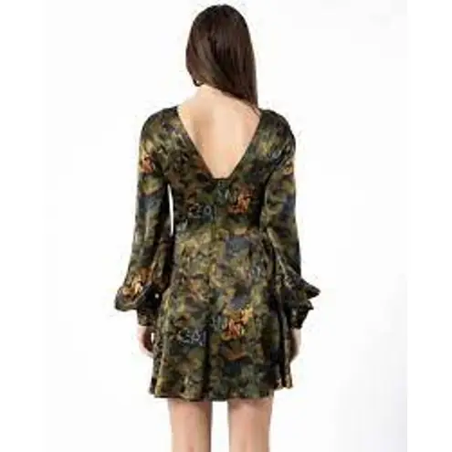 Ganni Satin Green Camo Print Long Sleeve A-Line Mini Dress