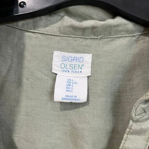 Sigrid Olsen 100% Linen Shirt Size L Green Button Up Coastal Grandma Chic