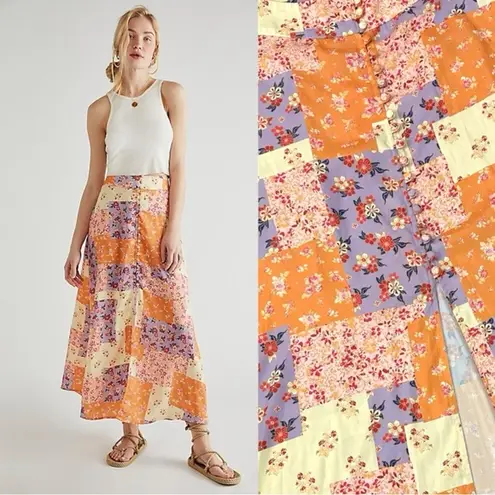 Free People  Fall Patchwork Button Down Sammy Maxi Skirt Orange Floral Western 2