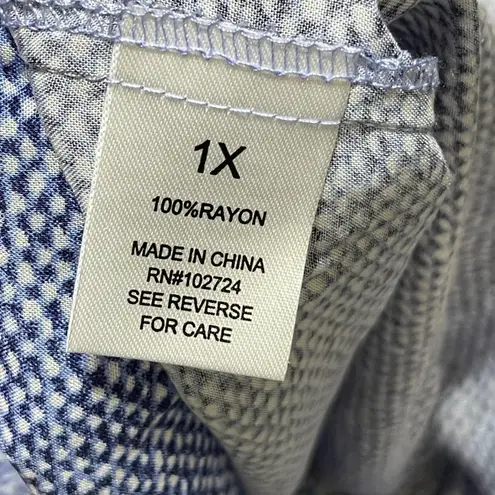 New Grand & Greene Blouse Tunic Top Blue Print Size 1X Silver Buttons