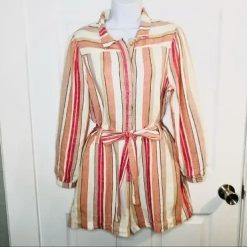 Francesca’s Coco & Jaimeson Brand Rosy Stripe Belted Linen Romper Cream Pink M Red Size M