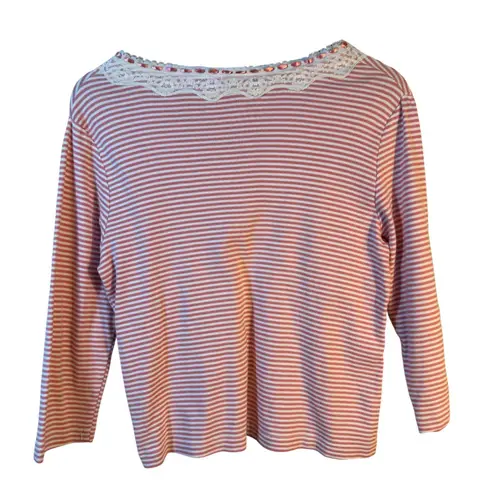 White Stag Vtg Striped Lace Trim Top Pink & White Cotton Babydoll Y2K Size L