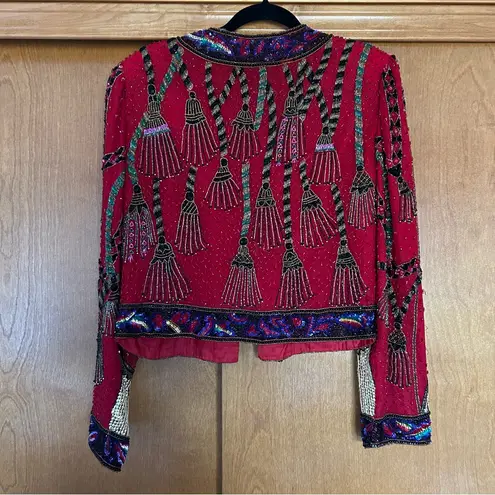 Laurence Kazar Vintage Silk Beaded Jacket Red Size Small 80s Funky Art to Wear