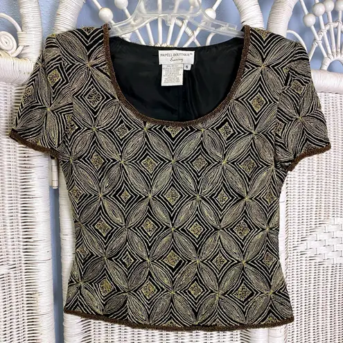 Papell Boutique Vintage 90s Evening Silk Beaded Top S Black Gold Holiday Glam