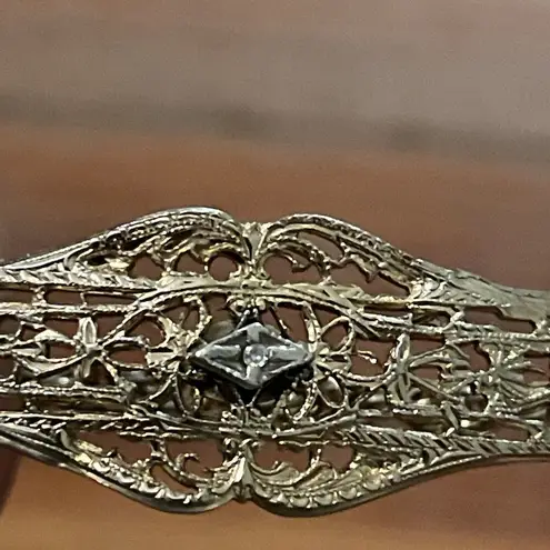 Vintage 12K Gold Filled Filigree Bar Rope Chain Bracelet with Center Diamond