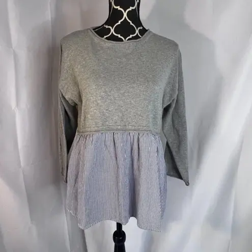 Moon & Madison Gray Sweater Woven Striped Cotton Shirt Combo Preppy Size Small