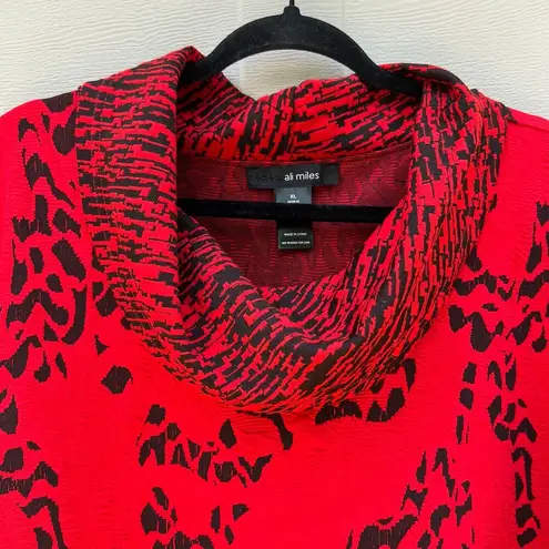 Ali Miles Red Black Print Asymmetrical Long Sleeve Cowl Neck Tunic Blouse Sz XL
