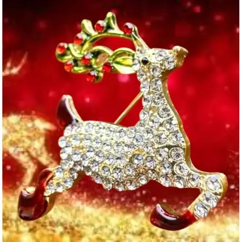 Reindeer Brooch Pin Rudolph Christmas Eve New Crystal Accents Santa Nort… Gold