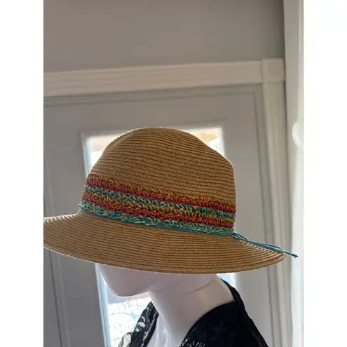 Scala Handmade Wide Brim Sun Hat Natural with Multicolor Band One Size