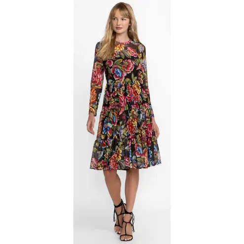Johnny Was jade Long Sleeved Tiered Midi Dress Black Floral Mesh Large Slip