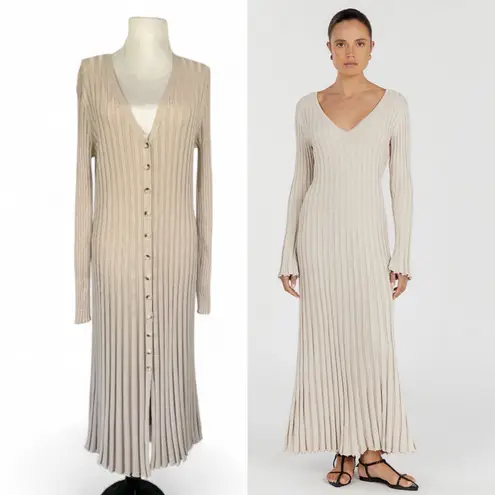 Dissh Sylvia Stone Ribbed Knit Midi Dress Cream Beige Long Sleeve Button Down XL Tan