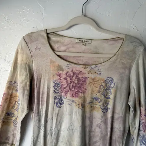 Xcit U S A Women's Floral Print Rhinestone Studded Top PM Boho Cottage Fairy Purple Size undefined