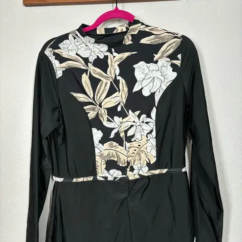 Floral Long Sleeve Swim Dress Size XL Black
