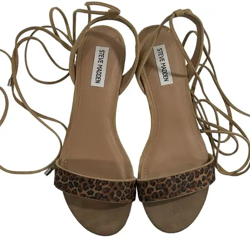 Steve Madden  Carolynn‎ Tan Animal Print Lace-Up Sandals Size 8 Lucite Heel Shoes