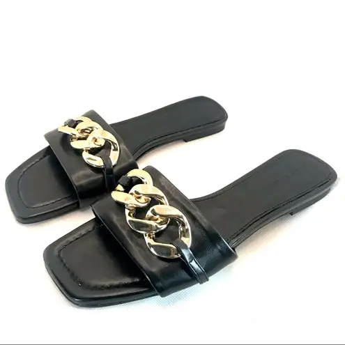 SVEGAN BLACK VEGAN LEATHER WITH GOLD CHAIN SLIDE FLATS MADE IN SPAIN (39) Size 8