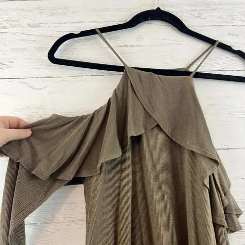Hummingbird Olive Green Ribbed Long Sleeve Cold Shoulder Top Size M