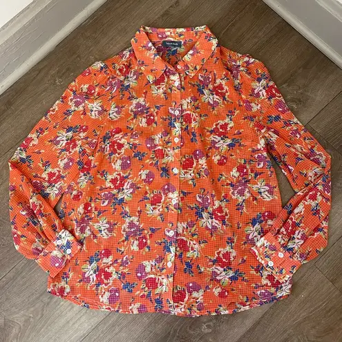 Modcloth  Orange Colorful Floral Sheer Collared Button Up Blouse Top ~ Size L