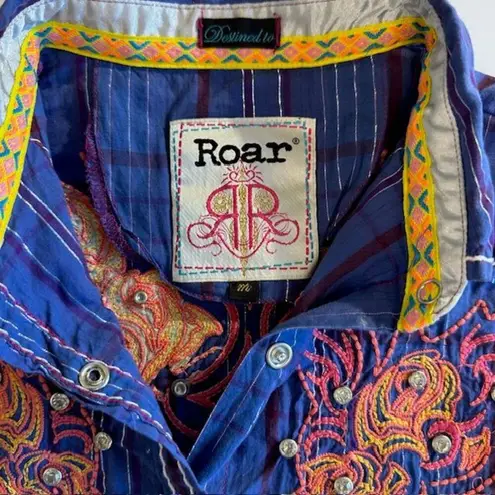 Roar Embroidered Western Plaid Shirt Orange Rhinestone Embellished Button Up Med Blue