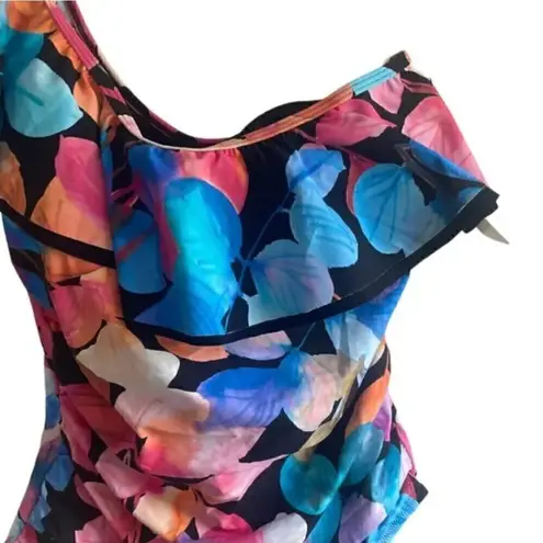 New! Profile by Gottex Color Rush Black Ruffle One Shoulder One Piece Swimsuit Size 16