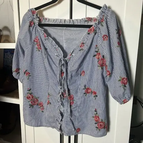 Women's Grand & Greene Floral Embroidered Shirt Size Medium Blue & White