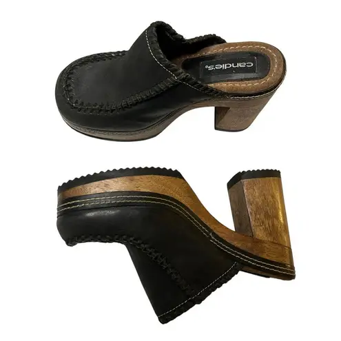 Candie's ⭐️ Vintage Candie’s Black Leather Clogs Made in Brazil - Y2K Chunky Wooden Heels
