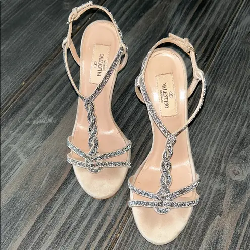 Valentino Nude Sandals with Glittering Black Straps Size 36 GUC straight legged Tan