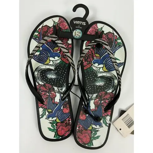 Virtis Women's Flip Flops Black Tattoo Rose Bird Heart Sandal Size M 7/8