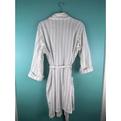 Miss Elaine Cotton Robe M | Vintage Striped Terry Cloth Housecoat Lace Trim Belt White Size M