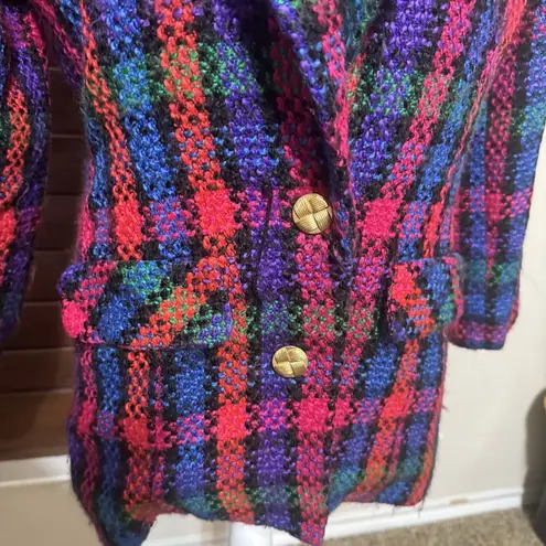 Kristine Tewell K Kristopf Wool Blazer Jacket Colorful Check Career VTG 80s 10/M Blue