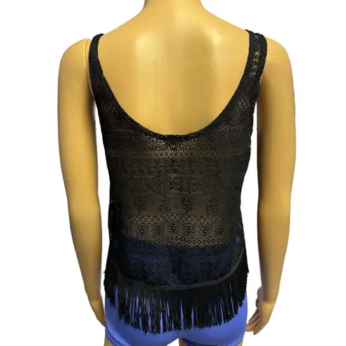 Kirra Black Semi Sheer Lacey Romantic Goth Lacey Fringe Tank Top Size XS