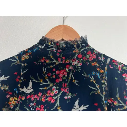 The Kooples Sheer Floral Bird Silk Tiered Ruffle Dress Whimsical Cottagecore